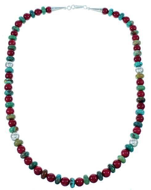 Navajo Sterling Silver Turquoise And Coral Bead Necklace SX108659